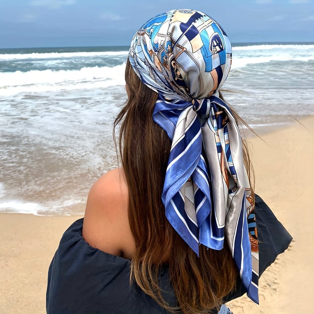 35.4" Blue Sailboat Print Square Scarf - Stylish Polyester Headscarf for Women